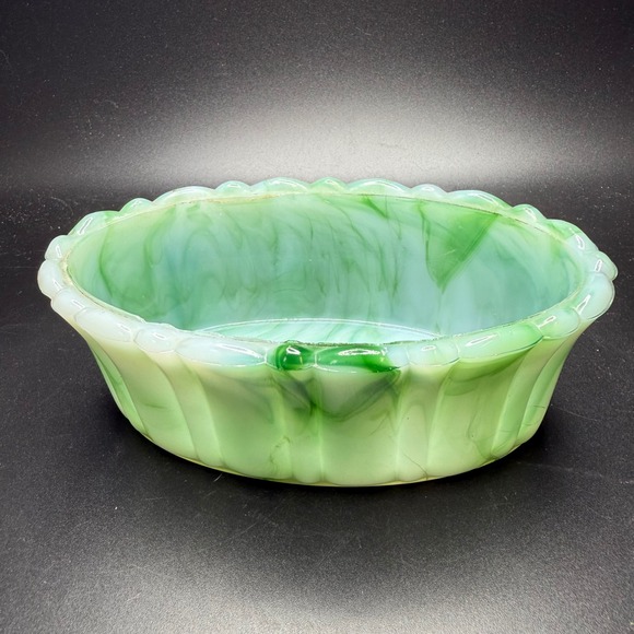 Akro Agate Other - Vintage Akro Agate Green Slag Glass Oval Ribbed Planter Bowl Made in USA 6x3x2.5